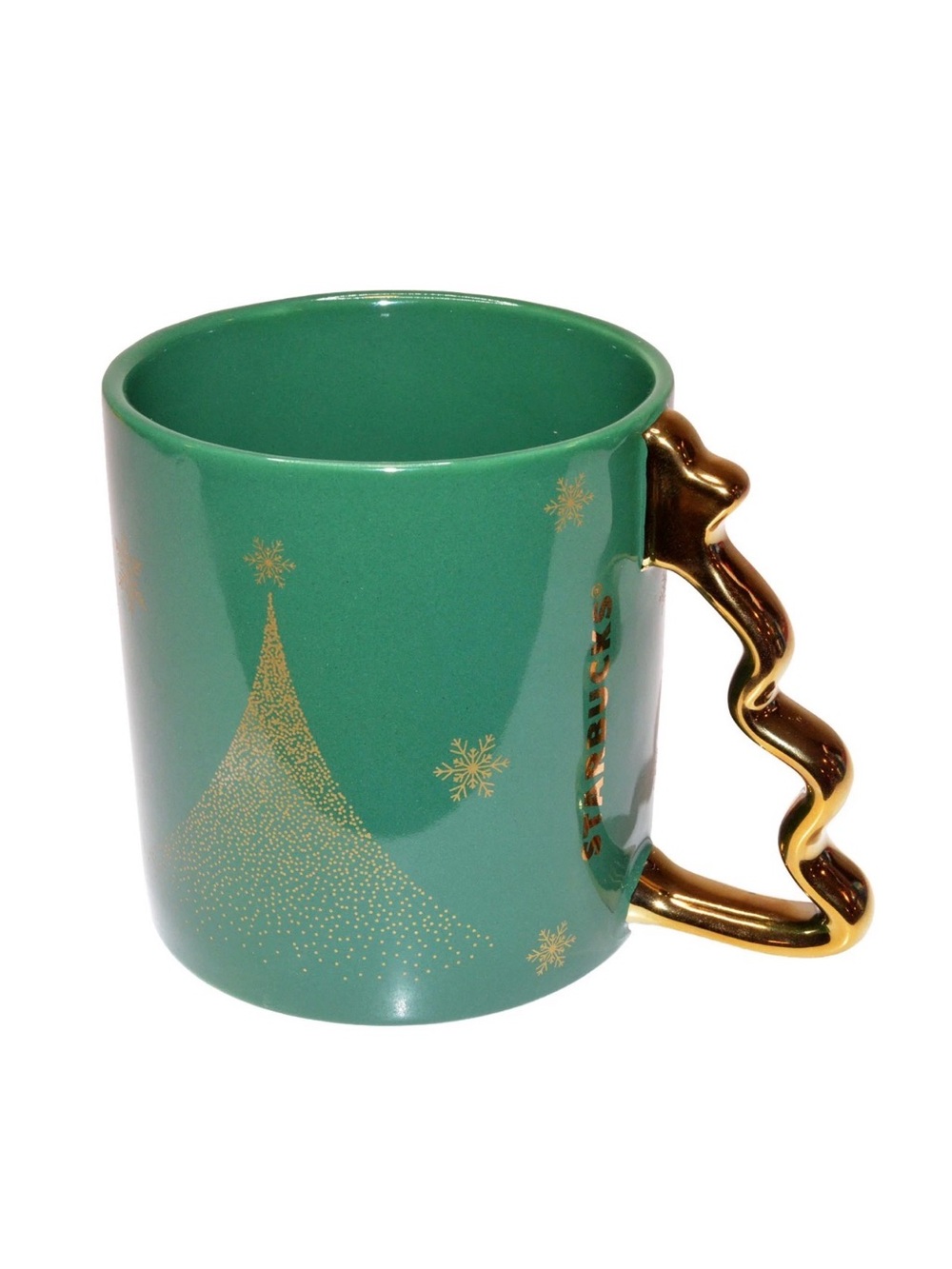 Starbucks Emerald Green Mug with Gold Twisted Handle and Tree Accents